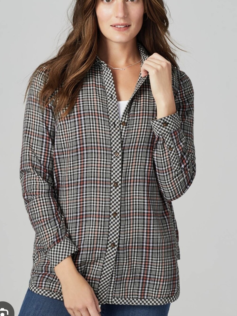 J. Jill Black Mix Plaid Print Cotton Button-Down Shirt Tunic Sz L petite